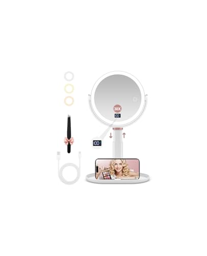 GOMIPURU Makeup Magnifying Mirror with Light 30X/1X, Digital Display, 2-Sided Touch Control, Makeup Mirror with 3 Color Lights,360° Rotate, Height Adjustable Lighted Magnifying Mirrors for Desk Travel - color: White-l