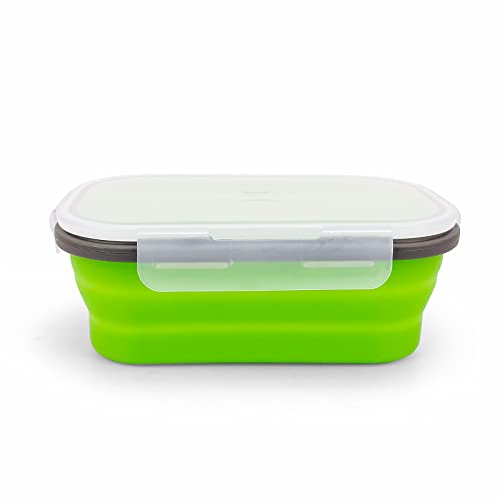 Green Food Grade Silicone Lunch Container Bento Box, Collapsible Food Storage Containers with Airtight Lids and 2in1 Fork, Reusable Food Container for Travel Camping, 1000ml Microwave Container