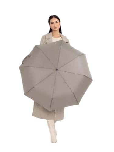 Windproof Travel Umbrella - Compact, Light, Full Automatic Open/Close - Folding Backpack Umbrella for Rain & Sun UV Preotection For Men & Women, Unbreakable 8 Fiberglass Ribs UK Design - color: Light Grey