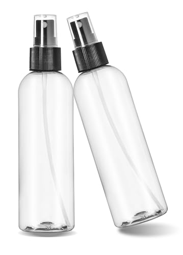 ljdeals 8 oz Clear Plastic Spray Bottles, Black Fine Mist Sprayer, Refillable Empty Bottles for Essential oils, Perfumes, Travel. Pack of 2, Made in USA