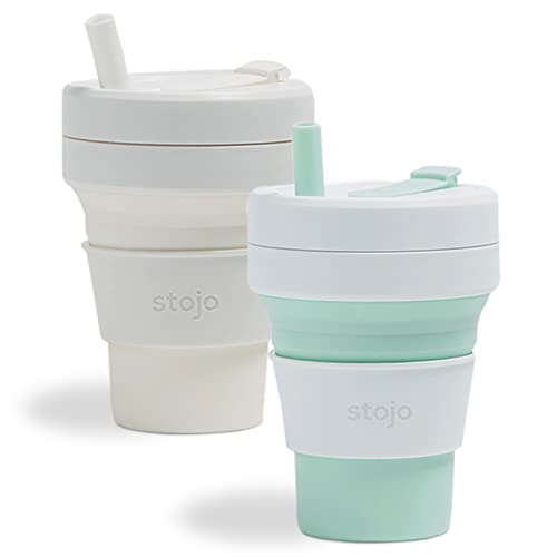 STOJO Collapsible Travel Cup Gift Set With Straw - 2-Pack, Mint Green & Quartz White, 16oz / 470ml - Reusable To-Go Pocket Size Silicone Cup for Hot and Cold Drinks - Microwave & Dishwasher Safe