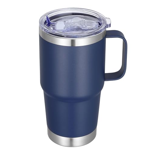 20 oz Stainless Steel Tumbler with Handle Metal Insulated Coffee Travel Mug with Handle Double Wall Tumbler Cup with Lid and Straw, Navy 1 Pack - color: Navy, size: 20 Ounces