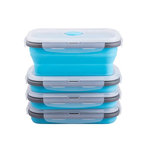 Collapsible Food Storage Containers with Airtight Lid & Air Vent, 16.9 oz, Kitchen Stacking Silicone Collapsible Meal Prep Container Set for Leftover, Microwave Freezer Dishwasher Safe, Blue, Set of 4 - color: Blue | 16.9 oz | 4pc