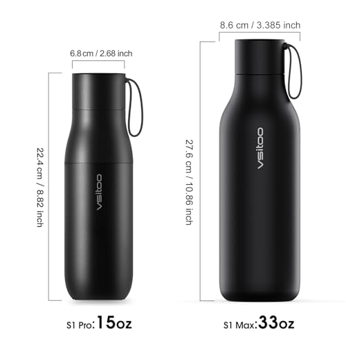 VSITOO S1 Pro 15oz Insulated Stainless Steel Self-Cleaning Water Bottle | Mini 15oz Insulated Bottle With Auto Self-Cleaning, App or Touchscreen Control, Temp Display, 30-Day Battery & 24H Cold - color: Black, size: 15 Ounces
