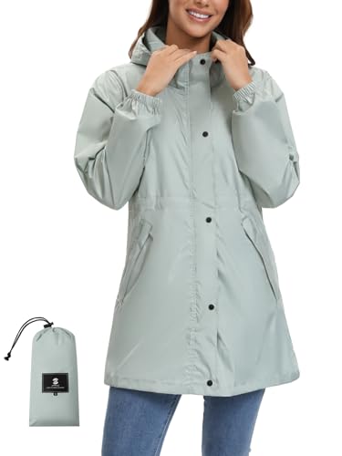 SaphiRose Women's Lightweight Long Rain Jacket Packable Raincoat Hooded Outdoor Trench Coats - color: Light Green, size: X-Large
