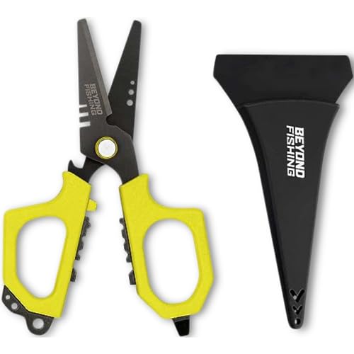 Beyond Fishing 6.5" Pro Fishing Shears Dual Serrated Blades, Fishing Braided Line Scissors with Titanium Coating, Non-Slip Grip & Multifunction Tool, Includes Hard Molded Locking Sheath - color: Pro - Yellow
