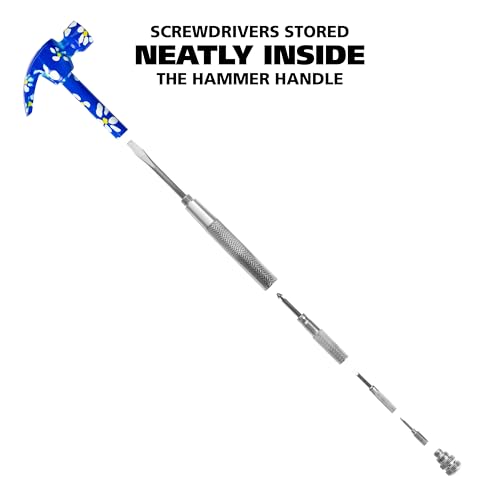 GreatNeck 5-in-1 Hammer, Built in Multitool Screwdriver, Chrome Plated | Includes Four Screwdrivers and One Hammer, Rust Resistant, Great for Household Projects, Lightweight and Easy to Use - color: Blue Floral