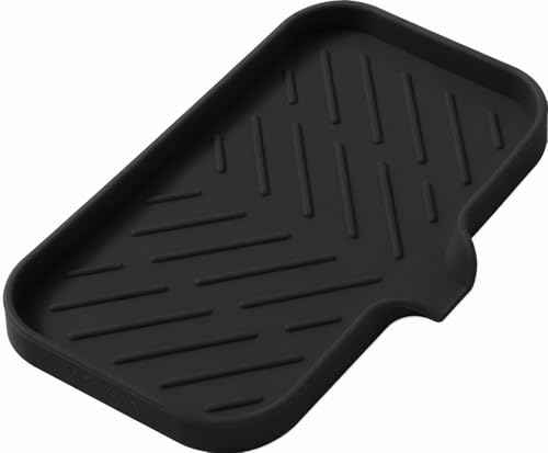 MicoYang Silicone Soap Dish with Drain Spout — Self-Draining Sink Organizer Tray for Bathroom & Kitchen, Sponges, Dispensers & Soap Holder, Non-Slip & Dishwasher Safe, Black (Medium, 9.6"×5.3") - color: Black, size: M(9.6"×5.3")