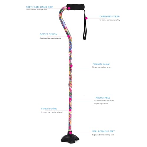 Elegant Walking Cane for Women, Foldable & Adjustable Cane for Seniors with Self-Standing Tip | Lightweight Mobility Aid for Stability & Balance Support - color: Pink Flower