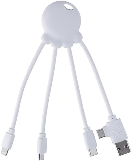 Xoopar 4-in-1 Multi USB Octopus Cable – Universal Charger with USB-C, Lightning & Micro USB – Made from Ocean Recycled Plastic – OBP White | 4-in-1 ocean recycled plastic octopus: USB, USB-C, Lightning and Micro USB for all your devices - color: white