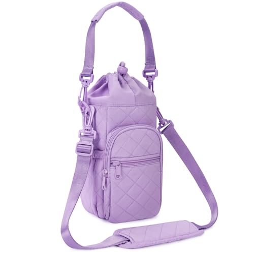 sportsnew 40oz Insulated Crossbody Water Bottle Bag Gym Hiking Phone Pocket | Water-resistant Lining, Padded Strap, Top Handle, Drawstring, Phone Pocket, Elastic Slots, Built-In Key Clip for Gym Walking - color: Quilt Purple