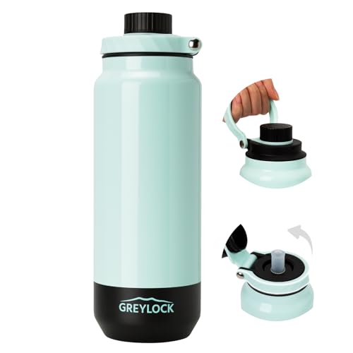 GREYLOCK 32 oz Insulated Water Bottle with Straw Lid, Leakproof Reusable Stainless Steel Vacuum Flask, 24hr Cold & Hot, Carry Handle & Silicone Spout, BPA-Free for Gym, Hiking, Travel,Teal - color: Emerald Lake, size: 32 Ounces