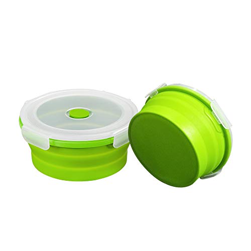 URBEST Collapsible Bowls, Silicone Food Storage Containers with Lids for Camping, Set of 4 Round Silicone Lunch Containers, Microwave and Freezer Safe (greener， 4)
