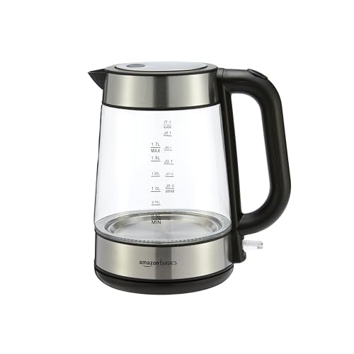 Amazon Basics Electric Kettle with Glass Carafe for Tea and Coffee, BPA-Free, Fast Boiling, Auto Shut-Off, Boil-Dry Protection, Water Level Indicator, 1.7 Liter, 1500W, Black and Silver - size: 1.8 Quarts, style: Glass Carafe