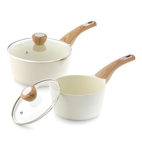 SENSARTE 1.5 & 2.5 Quart Ceramic Sauce Pan Sets with Lid, Cooking Pots Set, Nonstick Saucepan Set with Pour Spout, Small Kitchen Pot, Non toxic Saucepot, Induction Comptable, PFOA PTFE PFAS Free - color: Ceramic White, size: 1.5 + 2.5 Quarts
