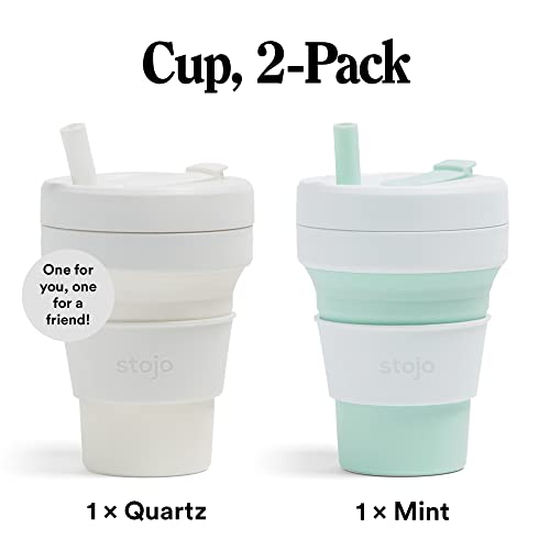 STOJO Collapsible Travel Cup Gift Set With Straw - 2-Pack, Mint Green & Quartz White, 16oz / 470ml - Reusable To-Go Pocket Size Silicone Cup for Hot and Cold Drinks - Microwave & Dishwasher Safe