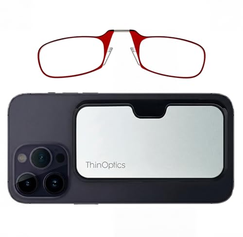 Always With You by ThinOptics Classic Reading Glasses + Case that Sticks to Your Phone - Ultra-Thin Armless Pocket Readers - color: Metal Case / Red Frames