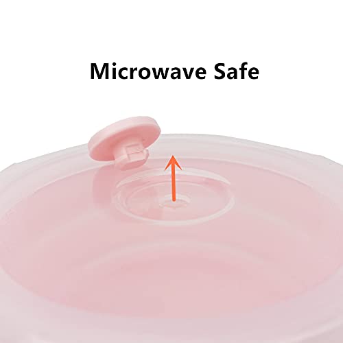 CCyanzi 3piece Round Collapsible Bowl with Lids, Silicone Food Storage Containers, Microwave & Freezer Safe, Space Saving for Kitchen Cabinet and Camping Backpack,(Pink) - color: pink