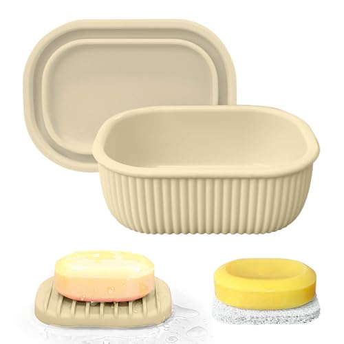 Leakproof Silicone Travel Soap Case with Drainage Layer, Silicone Bar Soap Holder Compact Portable Shatterproof Soap Container Box for Bathroom Gym Camp Travel Toiletries - color: Sand, size: Drainage Lid