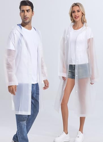 2-Pack Reusable Rain Ponchos for Adults, HOOMBOOM Raincoats Emergency for Women/Men with Drawstring and Sleeves - color: White