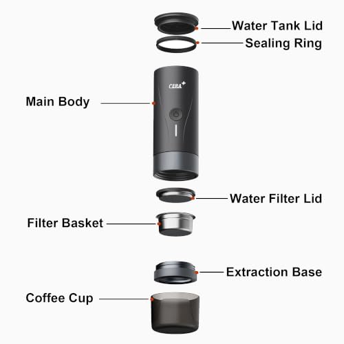 CERA+ PCM04A Portable Espresso Maker with 51mm Professional Basket | Self-Heating Electric Espresso Machine for Ground Coffee, 20 Bar Extraction for Camping, Hiking & Office (Not for NS Pods)