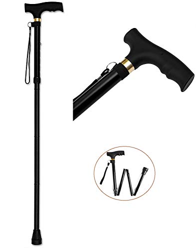 Folding Lightweight Walking Stick - Adjustable Aluminum Metal Collapsible Travel Cane with Non-Slip Rubber Base - color: Upgraded-Black