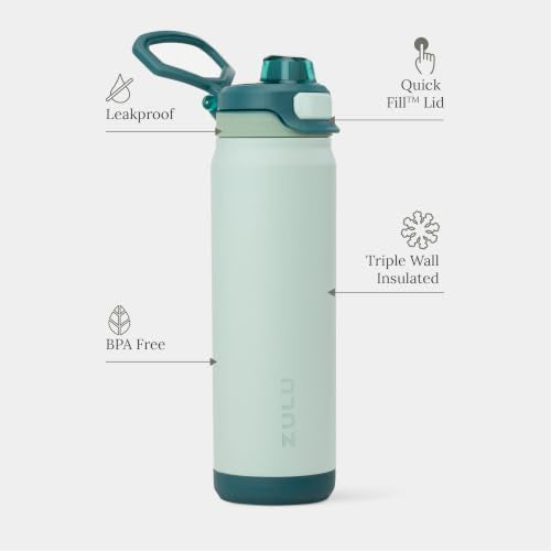ZULU Powerfill Pro 24oz Stainless Steel Sip or Chug Water Bottle, Evergreen | Insulated stainless steel water bottle with Quick Fill™ lid, sip and chug spouts, leakproof lock, and dishwasher safe - color: Evergreen, style: 24oz