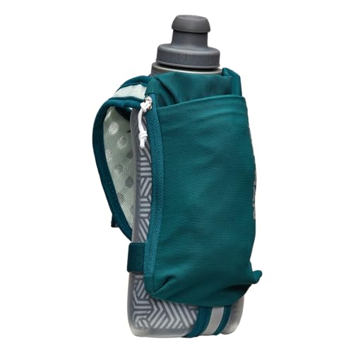 Nathan SpeedDraw 2 Insulated Handheld Running Water Bottle Flask – Double-Wall Insulation, Ergonomic Grip, Blast Valve Cap, Phone & Key Storage Pockets, Reflective Design - 18oz Insulated - Deep Teal - color: Deep Teal 18oz Insulated