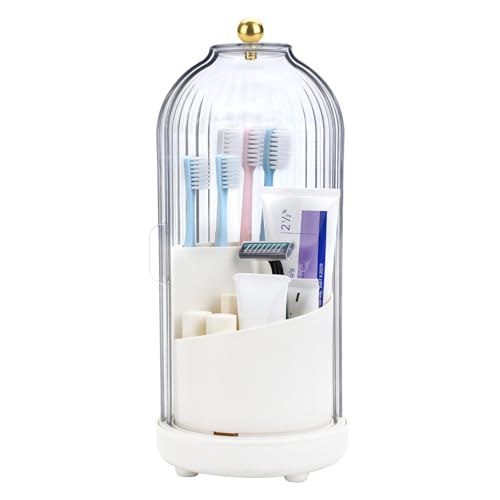Toothbrush Organizer with Cover,3 Slots for Bathroom Toothbrush Holders with Lid,Dustproof Design,Rotating Holder,Ideal Makeup Brushes Holder for Bathroom Countertop Organization and Storage