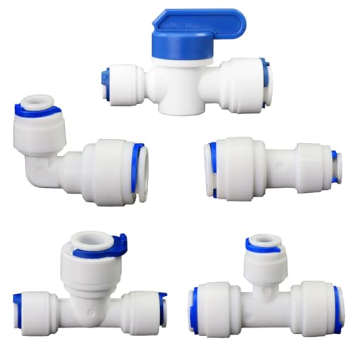 1/4" to 3/8" Push-Fit Fittings Set, 5 Pcs | Includes straight, elbow, tee & ball valve. For RO water filtration & pre-purifier. - style: 1/4 turn 3/8 quick connect straight elbow three-way ball valve collection
