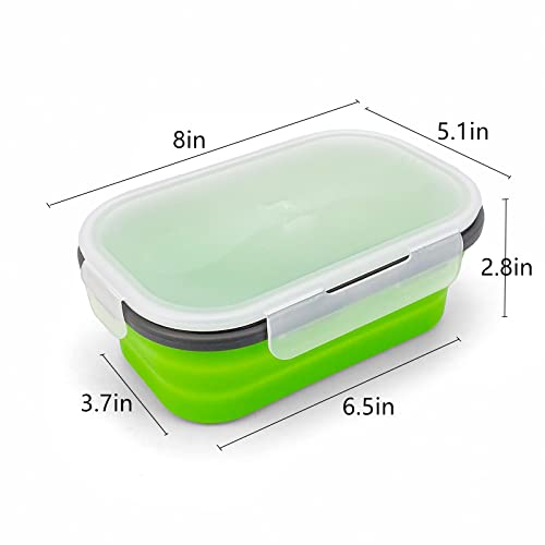 Green Food Grade Silicone Lunch Container Bento Box, Collapsible Food Storage Containers with Airtight Lids and 2in1 Fork, Reusable Food Container for Travel Camping, 1000ml Microwave Container