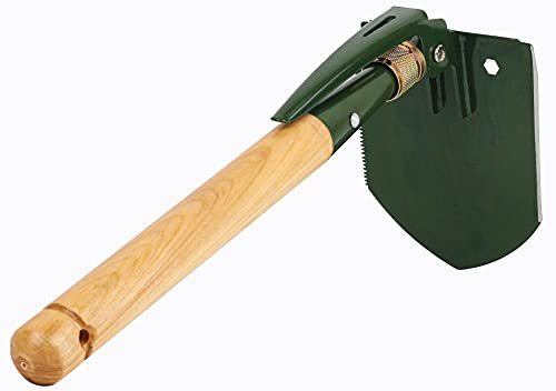 MASTIFF GEARS Folding Survival Shovel - Wooden Handle, Heavy Duty Carbon Steel Military Entrenching Tool for Camping, Off Road, Beach & All-Terrain Digging (Classic w/Pick) - style: Folding Shovel