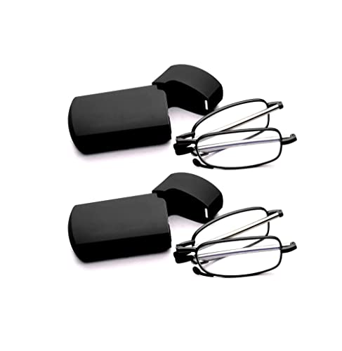 GOOSEN Reading Glasses Men Women, Pocket Wallet Purse Compact Hard Cases Folding Readers, Blue light Glasses Spring Hinge - color: C4, 2 Black