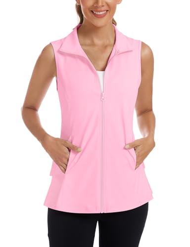 LURANEE Women's Golf Vest with Pleated Tennis Skirt Hem Lightweight Full Zip Sleeveless Athletic Shirts with Pockets - color: Pink, size: Small