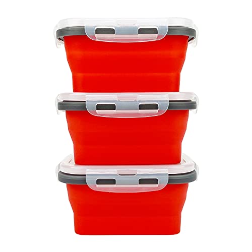 CCyanzi 3piece Collapsible Food Storage Containers with Lids, Silicone Lunch Container, Microwave & Freezer Safe, Space Saving for Kitchen Cabinet and Camping Backpack,(red gray) - color: red with gray