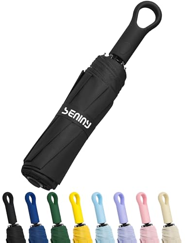 Seniny Umbrellas for Rain with Ring Buckle - Travel Umbrella Compact for Backpack, Car, Walking, Automatic UV Umbrella for Sun Protection, Small Portable & Folding Umbrellas for Windproof, Women Kids - color: Black