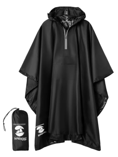 SaphiRose Hooded Rain Poncho Waterproof Raincoat Jacket for Men Women Adults - color: Black02 (With Reflective Stripes)