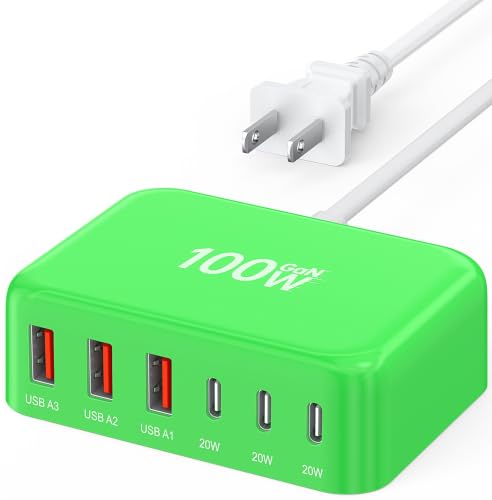 USB C Charger Block, GaN Fast USB Charging Station Hub with 100W Max 6-Port - color: E-Green, size: 100W