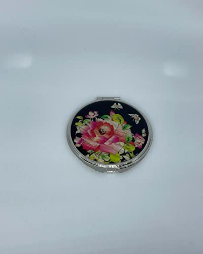 Portable Makeup Compact Double Magnifying Mirror Cosmestic Foldable Pocket Style Unique Mother of Pearl Design (Rose) - color: Rose