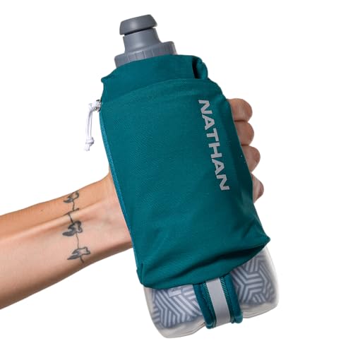 Nathan SpeedDraw 2 Insulated Handheld Running Water Bottle Flask – Double-Wall Insulation, Ergonomic Grip, Blast Valve Cap, Phone & Key Storage Pockets, Reflective Design - 18oz Insulated - Deep Teal - color: Deep Teal 18oz Insulated