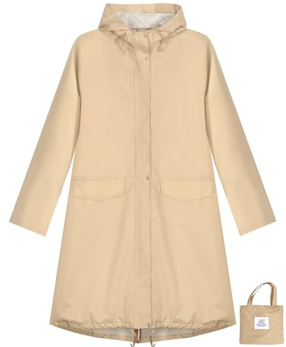 ANYOO Waterproof Rain Poncho Lightweight Reusable Hiking Hooded Coat Jacket for Outdoor Activities - color: Khaki