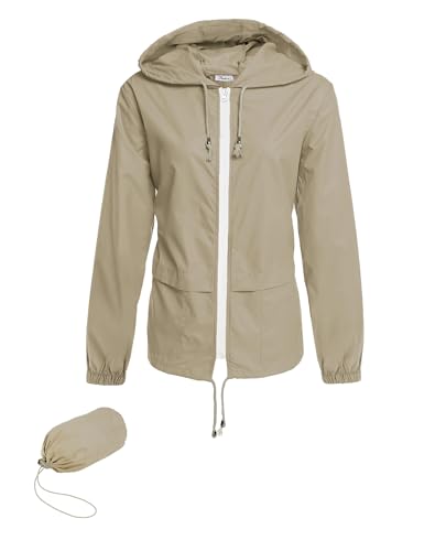 Hount Women Rain Jacket Lightweight Waterproof Packable Raincoat with Hood - color: Beige, size: XX-Large