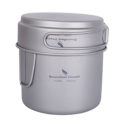 Boundless Voyage Camping Titanium Pot Pan Set with Folding Handles Outdoor Picnic Hiking Bowl Plate Mess Kit Tableware Cookware Ti2053C