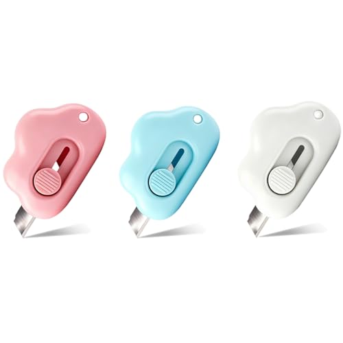 Box Cutter Retractable,Package Opener, Easy Slide Retractable Cute Box Cutter for for opening daily express boxes,packages and more (3 Pcs Cloud Mini Cutter)