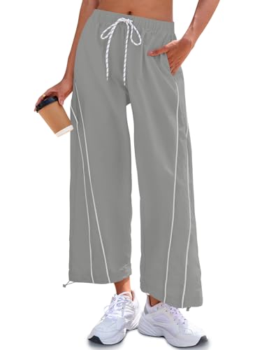 Fisoew Womens Baggy Wide Leg Casual Elastic Waist Cropped Pants - color: Light Grey, size: X-Large
