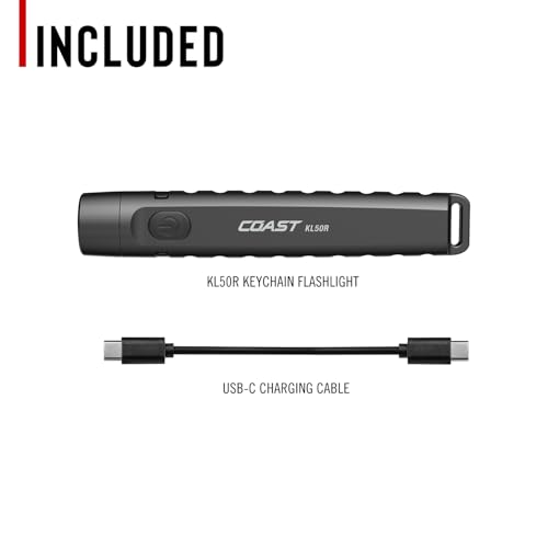 Coast KL50R 400 Lumen USB-C Rechargeble LED Pocket Flashlight, Mini-Flood & Fixed, Hat-Clip, IP54 Water Resistant