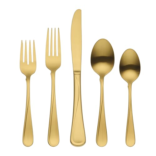 Oneida Flight Gold Satin 20-Piece 18/0 Silverware Set for 4, Flatware | satin finish, dishwasher safe | includes knives, forks, and spoons | heavy duty, cutlery set for kitchen and dining, utensils - style: 20-Piece Flatware Set, Gold