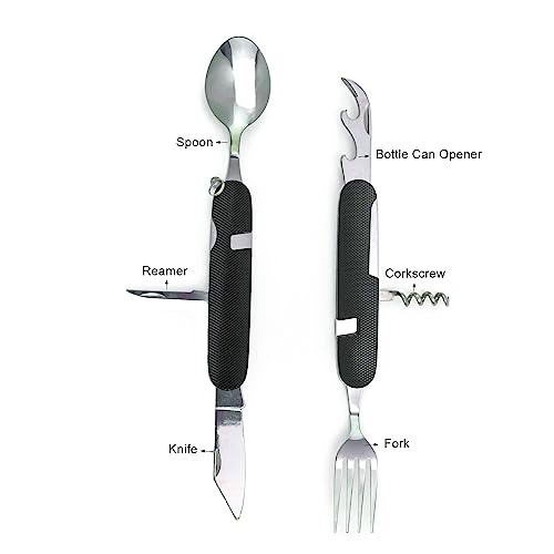6-in-1 Multi-Function Camping Utensil Flatware Set Detachable Spoon Fork Knife Combo Mess Kit with Carrying Pouch (Black + Green) - color: Black + Green