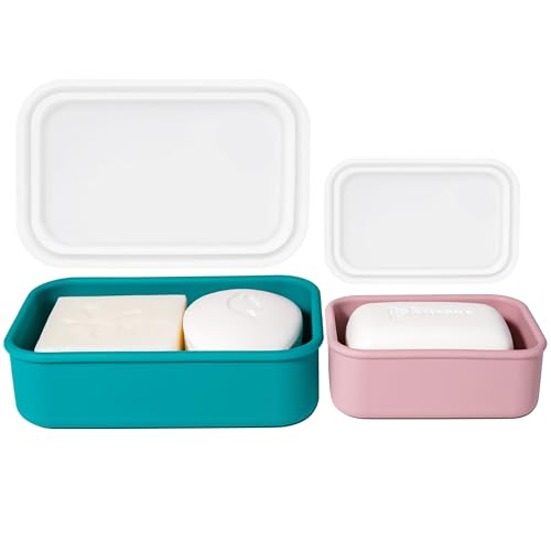 2PC Portable Leakproof Travel Soap Case, Silicone Travel Soap Case, Compact Soap Holder with Drainage Layer, Travel Soap Holder for Camping, Gym, Outdoor Turquoise&Flamingo - color: Turquoise&flamigo