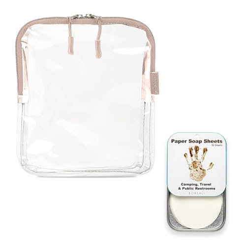 Taupe TSA Approved Clear Toiletry Bag Quart Size for 3-1-1 Liquids & Other Items + Paper Soap Sheets for Travel Comes in 1 Case with 50 Sheets